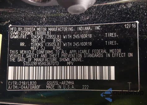 2017 Toyota Highlander Xle from USA, damaged, VIN 5TDJZRFH5HS367013